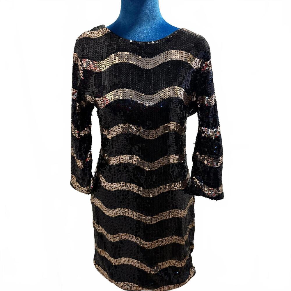Sequined Chevron Striped Bodycon Dress 3/4 Sleeve Scoop